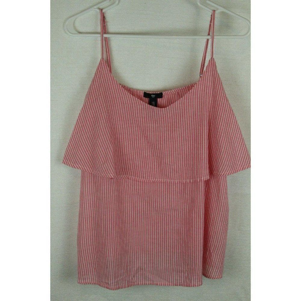 Gap Womens Top Tank Cami Medium striped ruffle cotton Pink